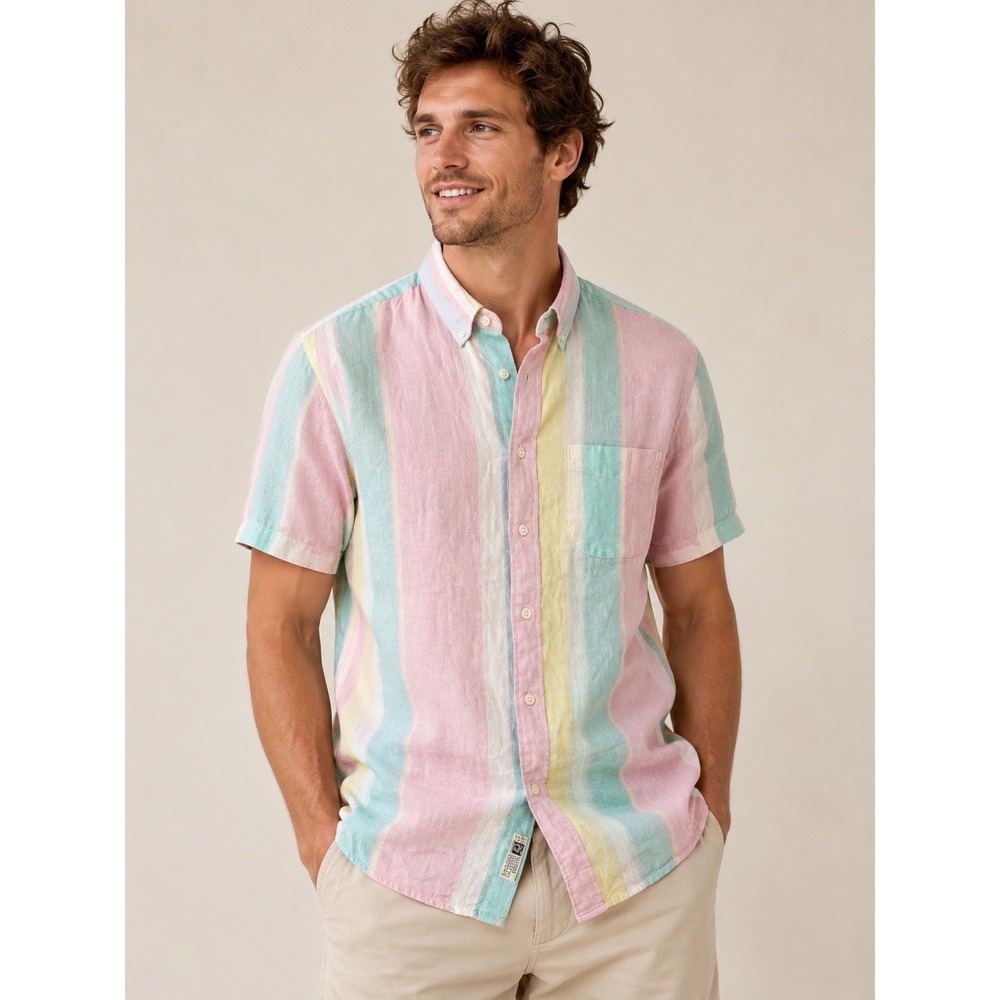 J Crew Shirt Men Small Slim 100% Irish Linen Baird McNutt Striped Rainbow EE13-1